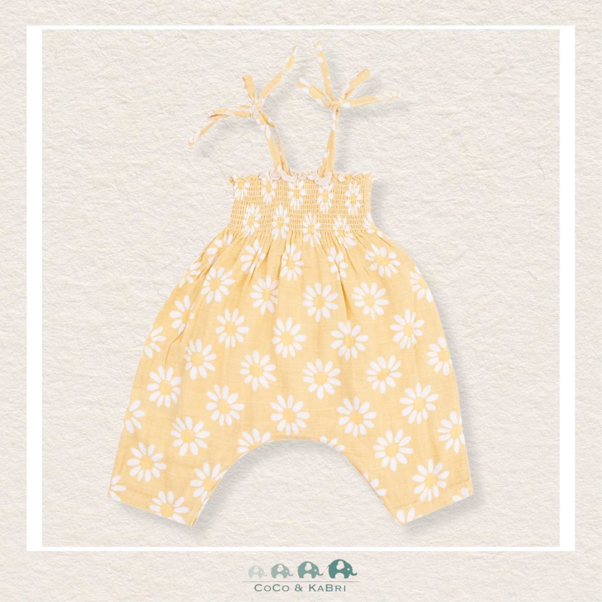 Angel Dear: Muslin Yellow Mod Daisy Tie Strap Smocked Romper, CoCo & KaBri Children's Boutique