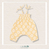 Angel Dear: Muslin Yellow Mod Daisy Tie Strap Smocked Romper, CoCo & KaBri Children's Boutique
