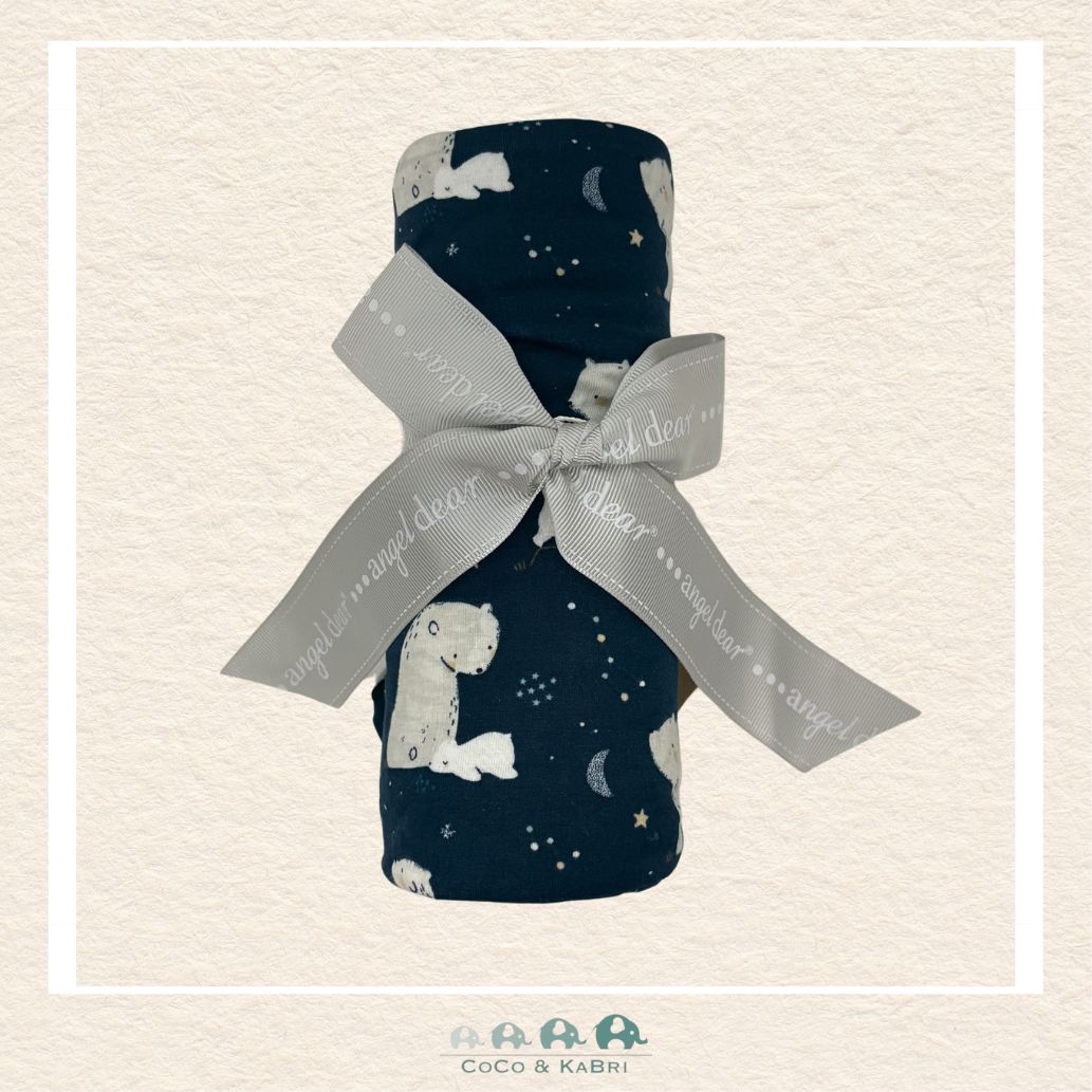 Angel Dear Night Sky Bear swaddle blanket rolled and tied with a boutique ribbon for a serene celestial-themed gift presentation | Canada