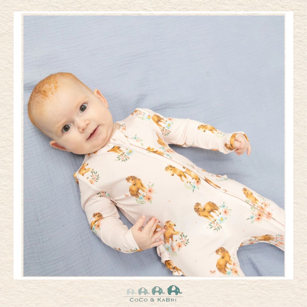 Angel Dear Pink Ponies Ruffle Back Footie on infant showing the soft bamboo fit and whimsical equestrian boutique style | Canada