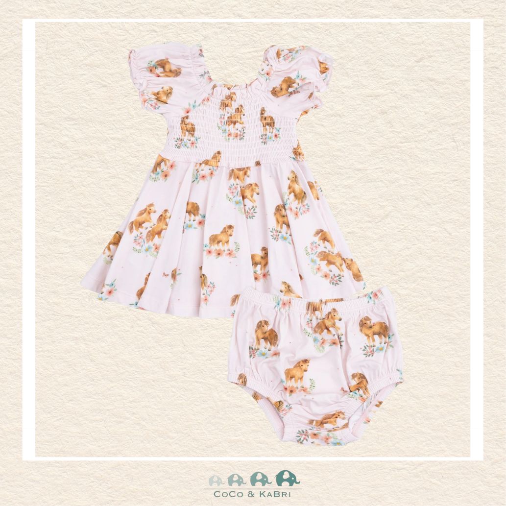 Front view of Angel Dear Pink Ponies dress featuring a classic smocked bodice, puff sleeves, and a graceful horse print | Canada