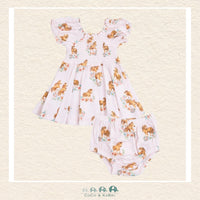 Front view of Angel Dear Pink Ponies dress featuring a classic smocked bodice, puff sleeves, and a graceful horse print | Canada