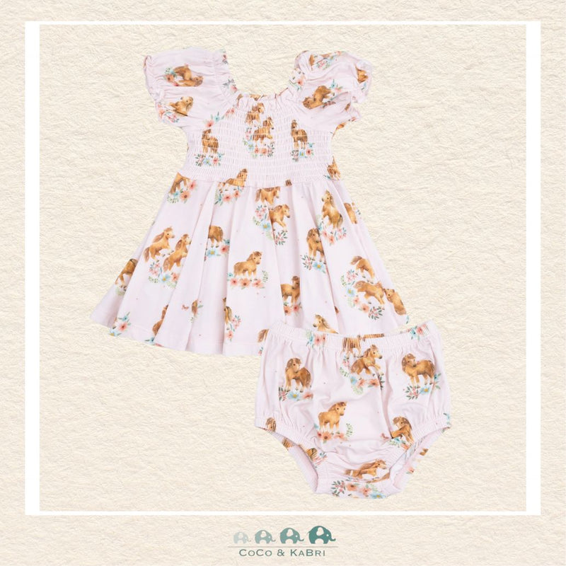 Front view of Angel Dear Pink Ponies dress featuring a classic smocked bodice, puff sleeves, and a graceful horse print | Canada