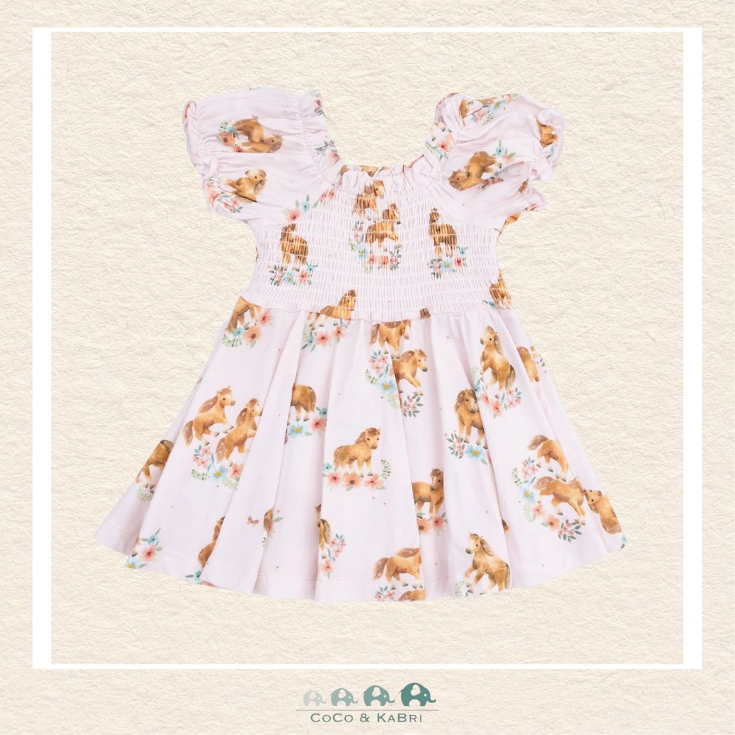 Front view of Angel Dear Pink Ponies dress featuring a classic smocked bodice, puff sleeves, and a graceful horse print | Canada