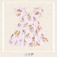 Front view of Angel Dear Pink Ponies dress featuring a classic smocked bodice, puff sleeves, and a graceful horse print | Canada