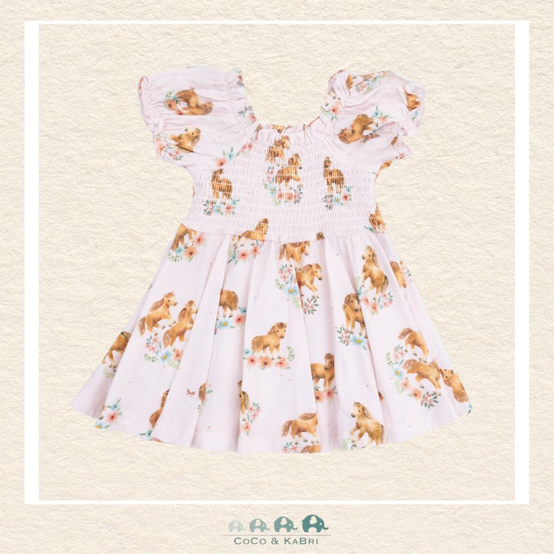 Front view of Angel Dear Pink Ponies dress featuring a classic smocked bodice, puff sleeves, and a graceful horse print | Canada