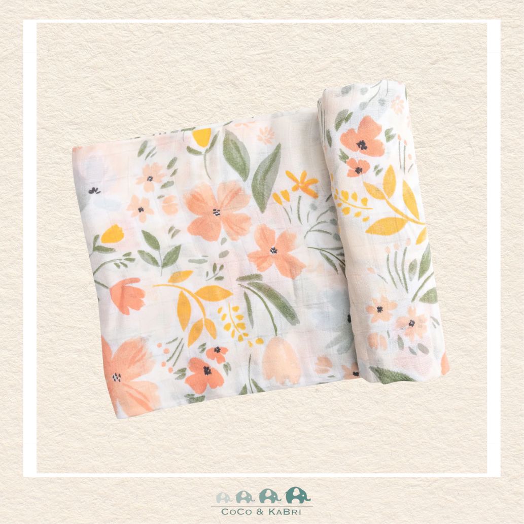 Angel Dear Pretty Garden swaddle blanket rolled out showing the generous size and vibrant hand-painted floral garden artwork on soft bamboo | Canada