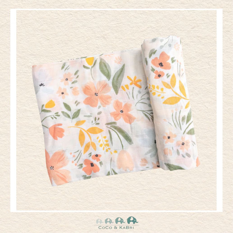 Angel Dear Pretty Garden swaddle blanket rolled out showing the generous size and vibrant hand-painted floral garden artwork on soft bamboo | Canada