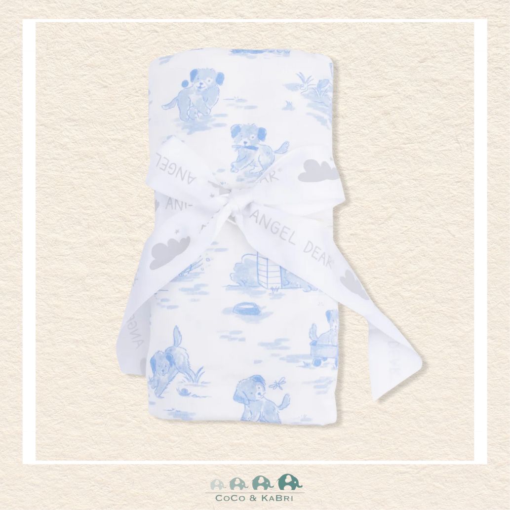 Angel Dear Puppy Toile Blue swaddle blanket rolled and tied with a boutique ribbon for a sophisticated, vintage-inspired gift presentation | Canada
