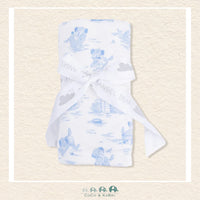 Angel Dear Puppy Toile Blue swaddle blanket rolled and tied with a boutique ribbon for a sophisticated, vintage-inspired gift presentation | Canada