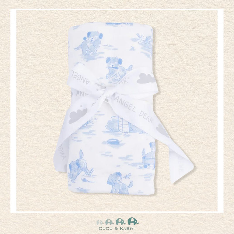 Angel Dear Puppy Toile Blue swaddle blanket rolled and tied with a boutique ribbon for a sophisticated, vintage-inspired gift presentation | Canada