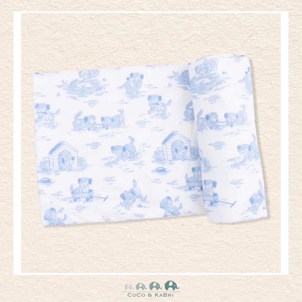 Angel Dear Puppy Toile Blue swaddle blanket rolled out showing the generous size and delicate hand-drawn puppy illustrations in a classic toile pattern | Canada