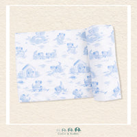 Angel Dear Puppy Toile Blue swaddle blanket rolled out showing the generous size and delicate hand-drawn puppy illustrations in a classic toile pattern | Canada