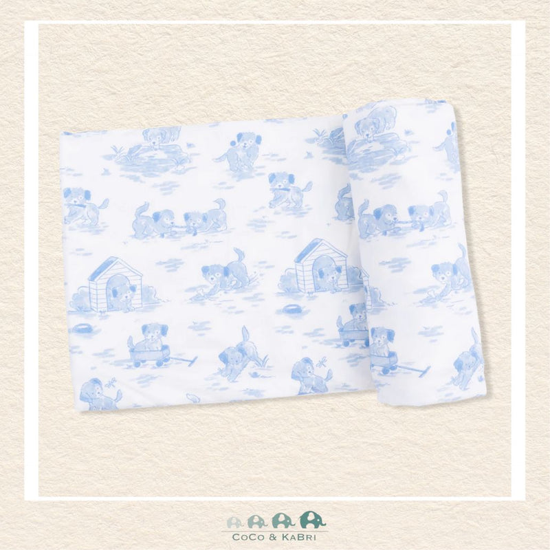 Angel Dear Puppy Toile Blue swaddle blanket rolled out showing the generous size and delicate hand-drawn puppy illustrations in a classic toile pattern | Canada