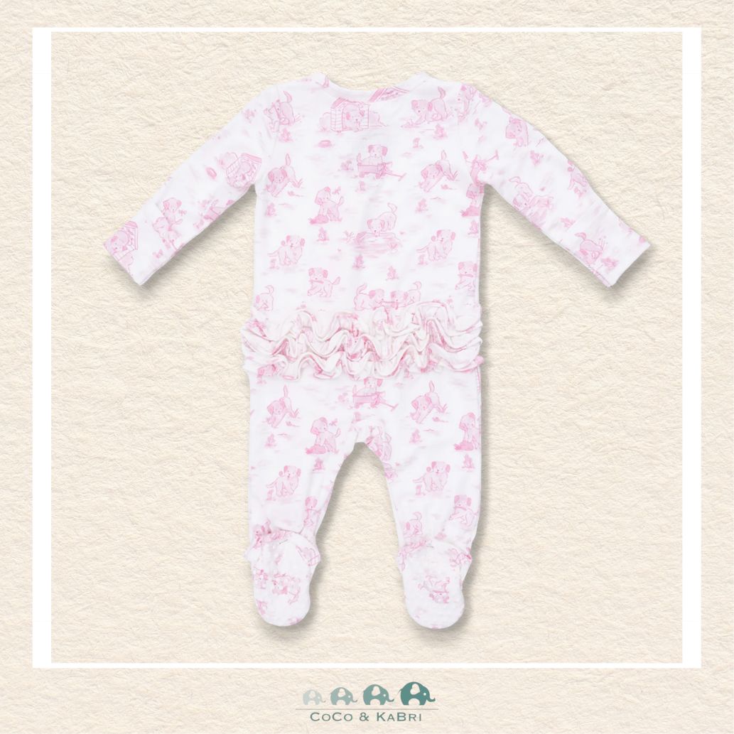 Back view of Angel Dear Puppy Toile Pink sleeper showing the sweet ruffle detailing and classic boutique charm | Canada