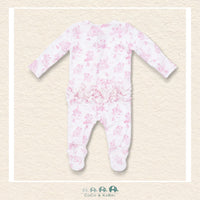Back view of Angel Dear Puppy Toile Pink sleeper showing the sweet ruffle detailing and classic boutique charm | Canada