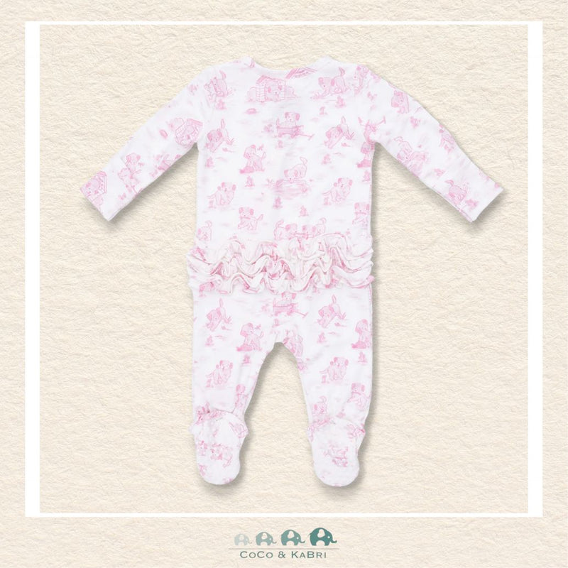 Back view of Angel Dear Puppy Toile Pink sleeper showing the sweet ruffle detailing and classic boutique charm | Canada