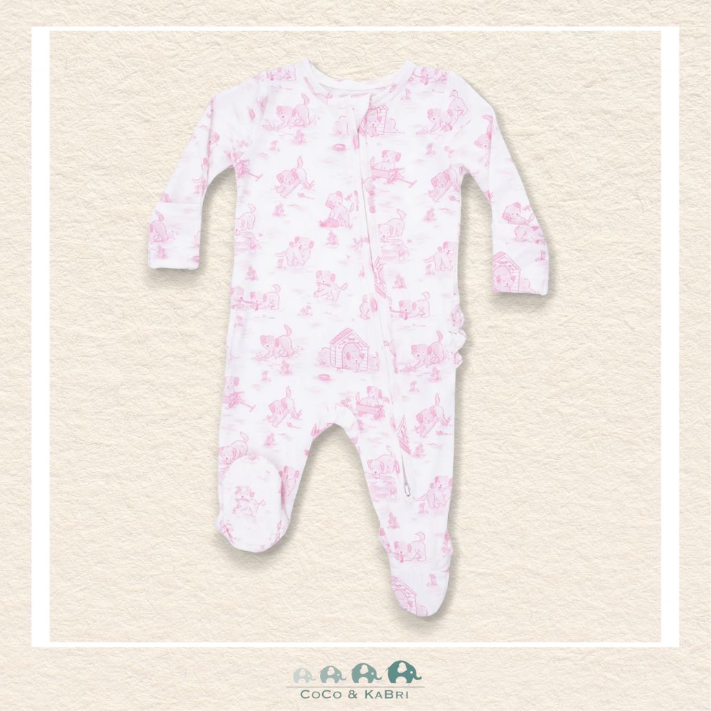 Front view of Angel Dear Puppy Toile Pink footie featuring a convenient 2-way zipper and protective chin guard | Canada