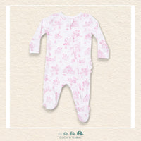 Front view of Angel Dear Puppy Toile Pink footie featuring a convenient 2-way zipper and protective chin guard | Canada