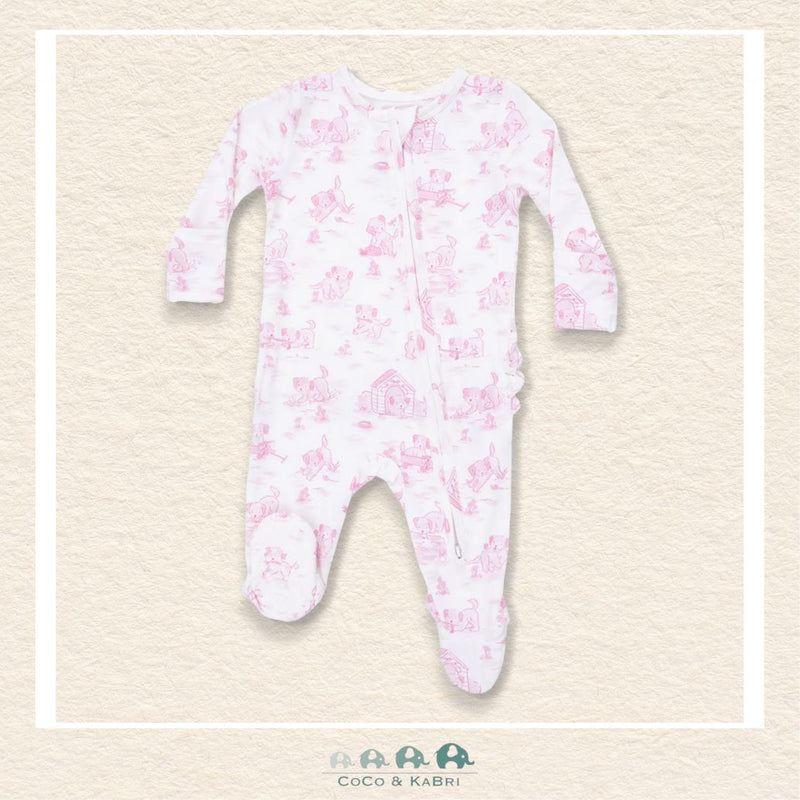 Front view of Angel Dear Puppy Toile Pink footie featuring a convenient 2-way zipper and protective chin guard | Canada