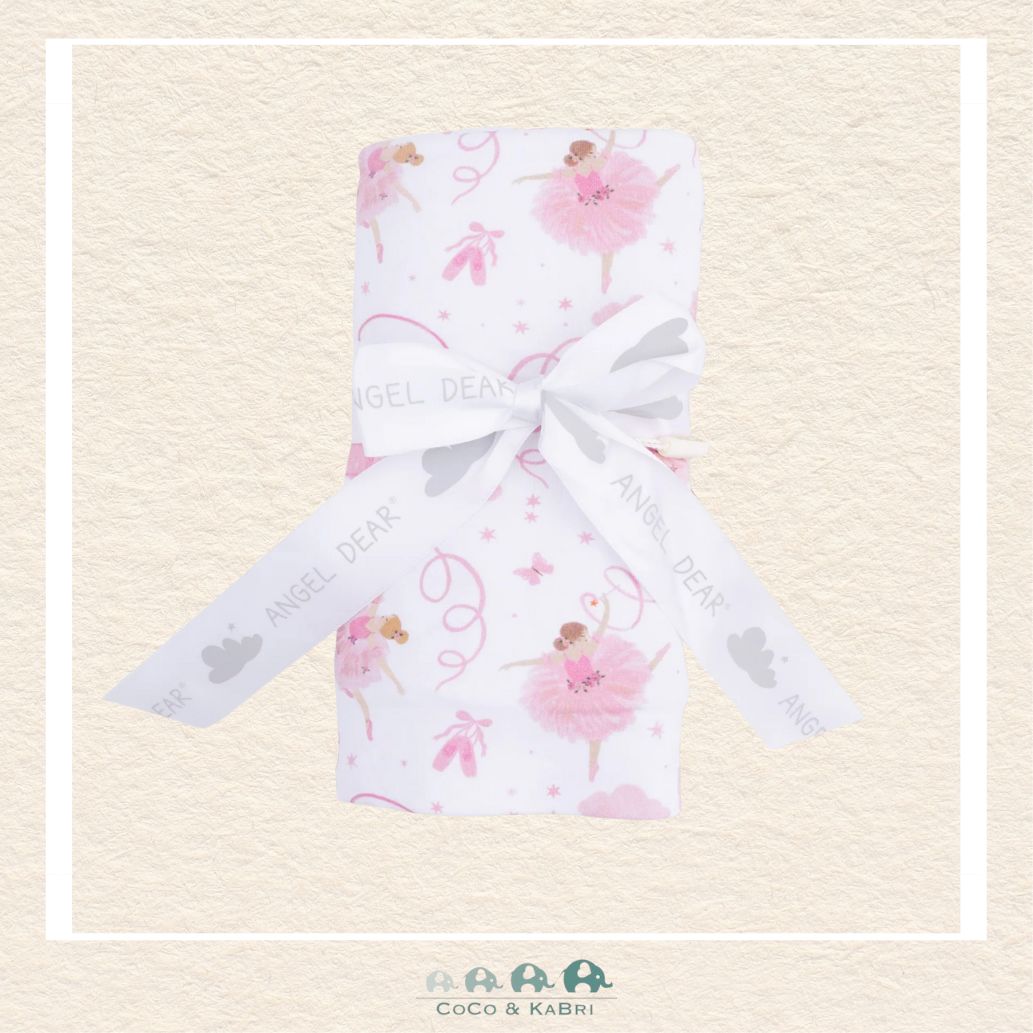 Angel Dear Ribbon Ballerinas swaddle blanket rolled and tied with a boutique ribbon for a graceful, dance-themed gift presentation | Canada