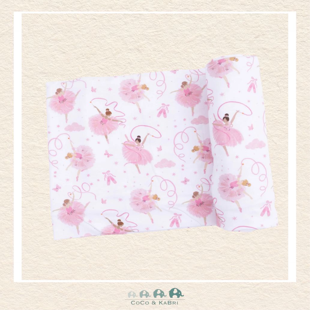 Angel Dear Ribbon Ballerinas swaddle blanket rolled out showing the generous size and delicate hand-drawn ballerina illustrations on soft pink bamboo | Canada