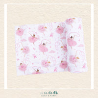 Angel Dear Ribbon Ballerinas swaddle blanket rolled out showing the generous size and delicate hand-drawn ballerina illustrations on soft pink bamboo | Canada