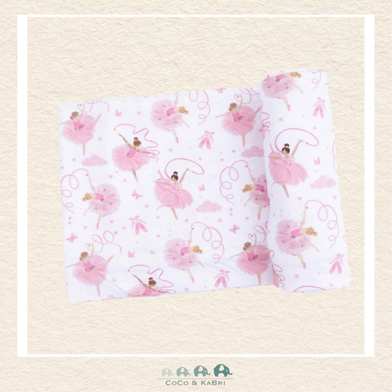 Angel Dear Ribbon Ballerinas swaddle blanket rolled out showing the generous size and delicate hand-drawn ballerina illustrations on soft pink bamboo | Canada