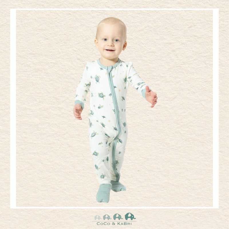 Angel Dear Sea Turtles Convertible Romper on infant showing the soft bamboo fit and original underwater boutique art | Canada