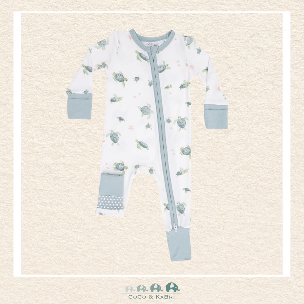 Front view of Angel Dear Sea Turtles romper featuring a convenient 2-way zipper and vibrant turtle illustrations | Canada