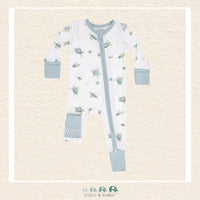 Front view of Angel Dear Sea Turtles romper featuring a convenient 2-way zipper and vibrant turtle illustrations | Canada