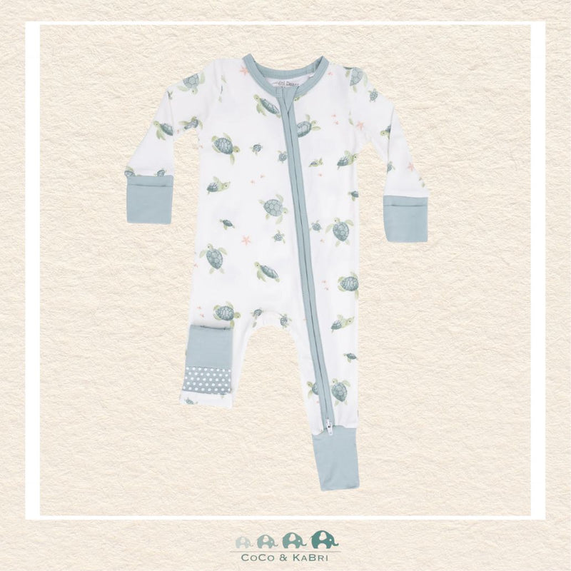 Front view of Angel Dear Sea Turtles romper featuring a convenient 2-way zipper and vibrant turtle illustrations | Canada