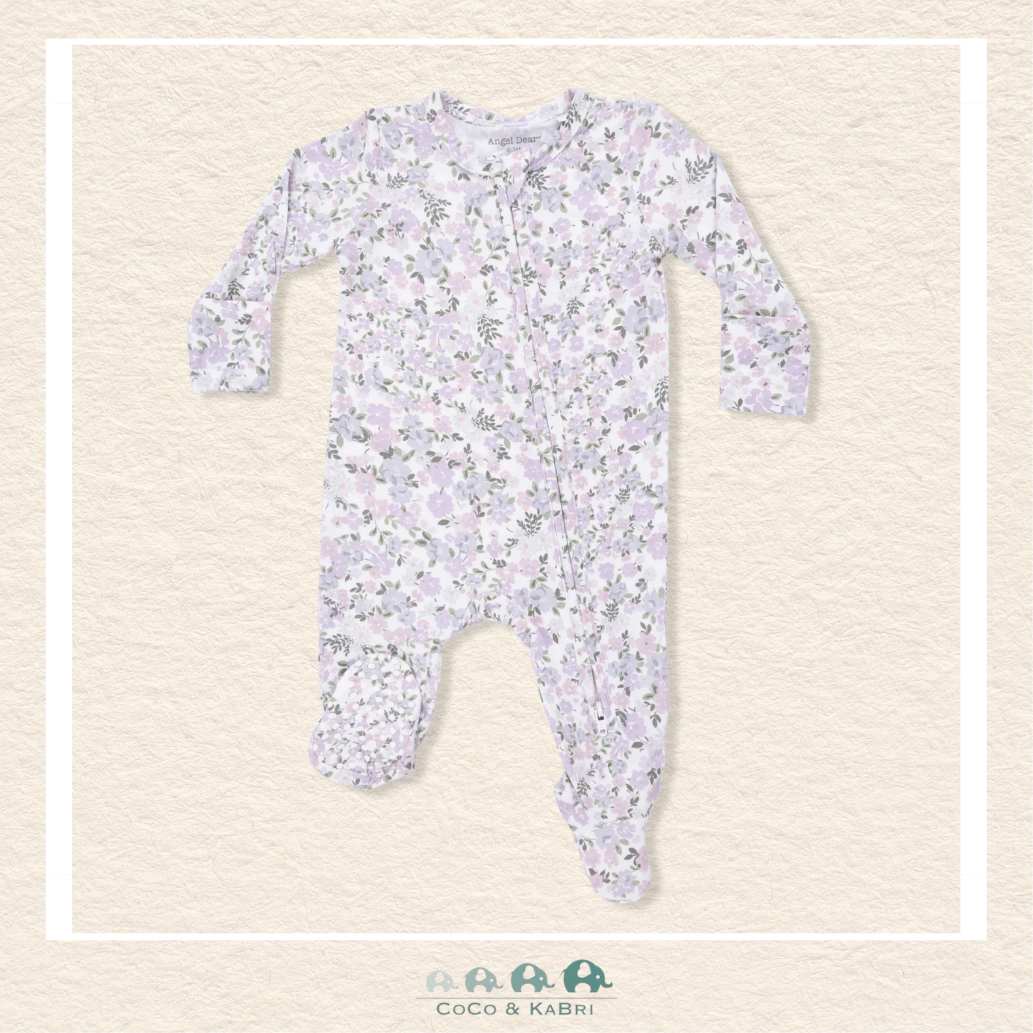 Front view of Angel Dear Shannon Floral footie featuring a convenient 2-way zipper and protective chin guard for easy changes | Canada
