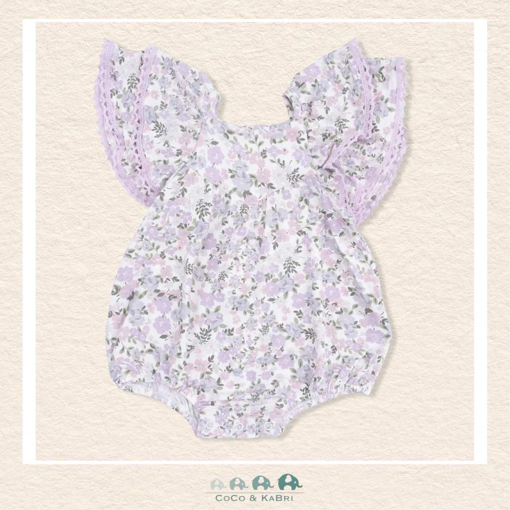 Front view of Angel Dear Shannon Floral bubble featuring a sophisticated botanical print and delicate crochet trim ruffles | Canada
