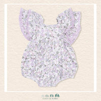 Front view of Angel Dear Shannon Floral bubble featuring a sophisticated botanical print and delicate crochet trim ruffles | Canada