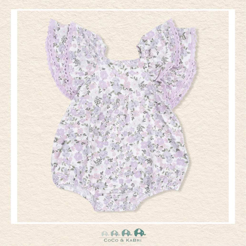 Front view of Angel Dear Shannon Floral bubble featuring a sophisticated botanical print and delicate crochet trim ruffles | Canada