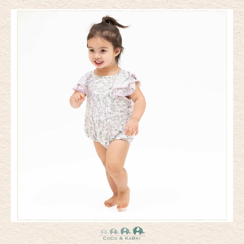 Angel Dear Shannon Floral V-Neck Bubble on infant showing the buttery-soft bamboo fit and whimsical ruffle sleeves | Canada