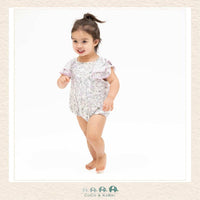 Angel Dear Shannon Floral V-Neck Bubble on infant showing the buttery-soft bamboo fit and whimsical ruffle sleeves | Canada