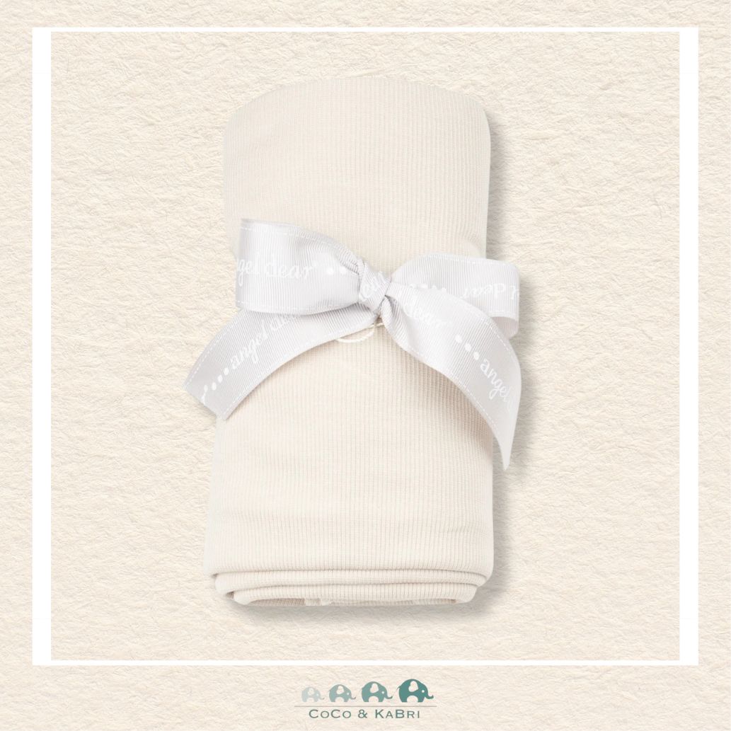 Angel Dear Sugar Swizzle swaddle blanket rolled and tied with a boutique ribbon for a delicate, neutral gift presentation | Canada