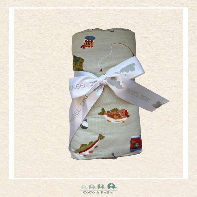 Angel Dear Fishing swaddle blanket rolled and tied with a boutique ribbon for a playful outdoor-themed gift presentation | Canada