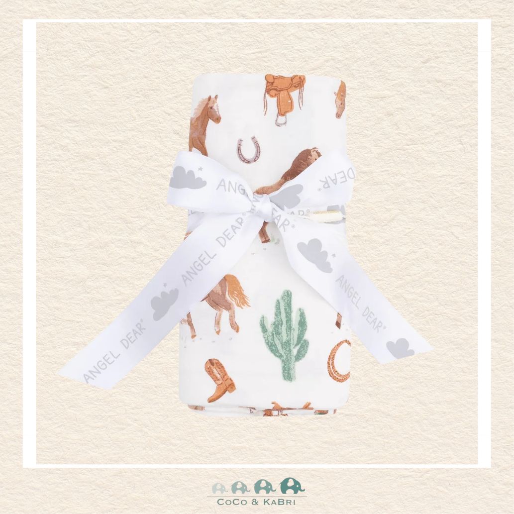 Angel Dear Western Horses swaddle blanket rolled and tied with a boutique ribbon for a sophisticated ranch-themed gift presentation | Canada