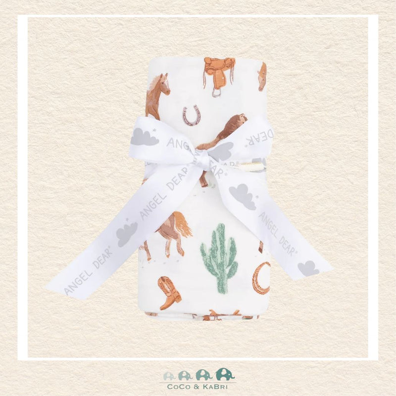 Angel Dear Western Horses swaddle blanket rolled and tied with a boutique ribbon for a sophisticated ranch-themed gift presentation | Canada