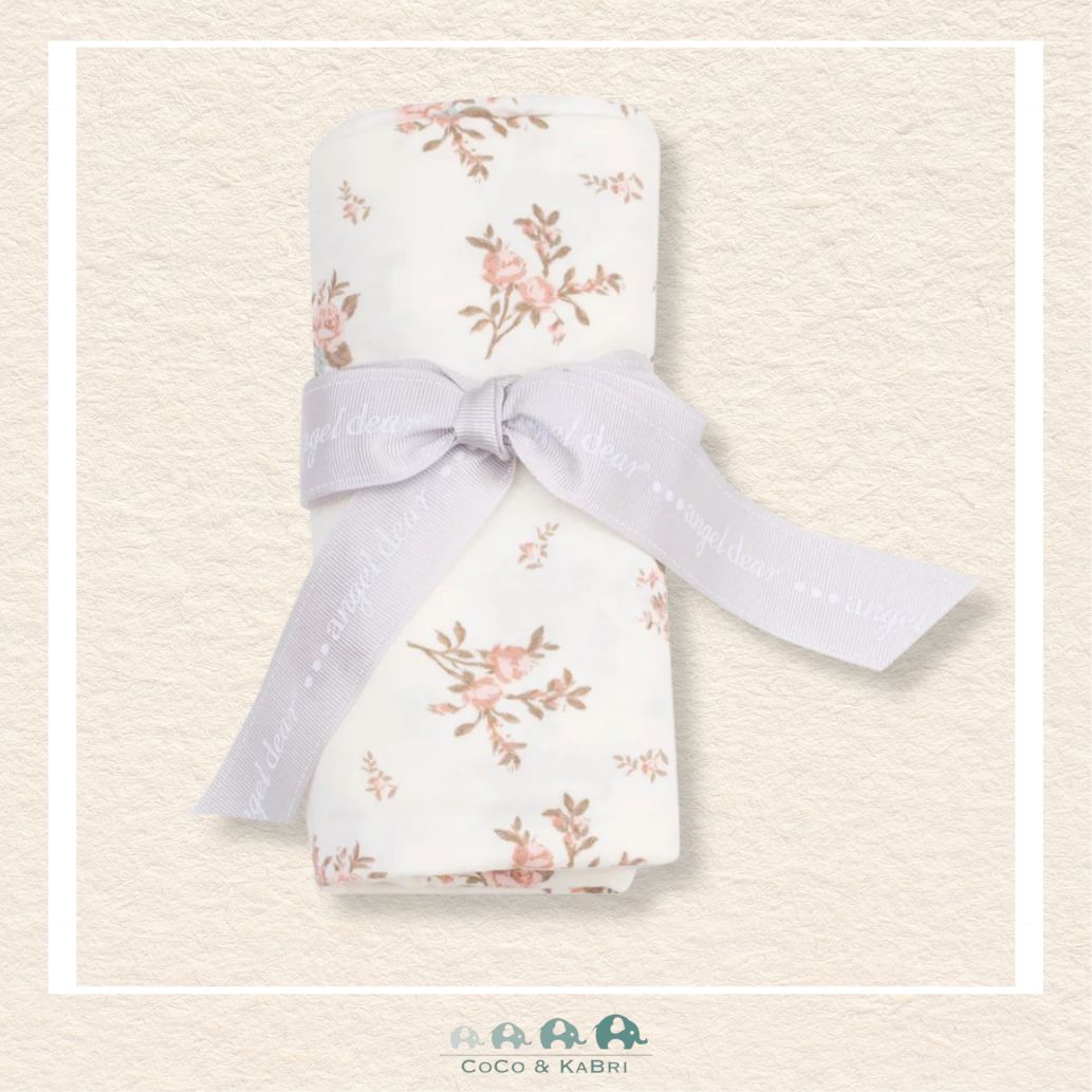 Angel Dear Vintage Rosebud swaddle blanket rolled and tied with a boutique ribbon for a charming floral gift presentation | Canada