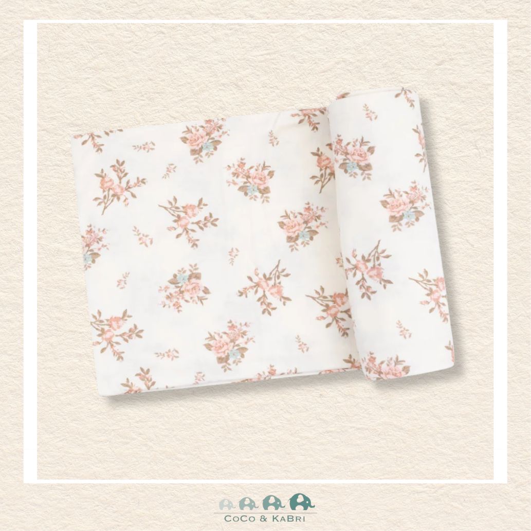 Angel Dear Vintage Rosebud swaddle blanket rolled out showing the generous size and delicate heritage floral artwork | Canada