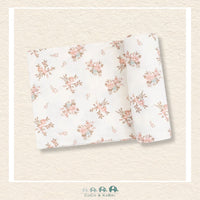 Angel Dear Vintage Rosebud swaddle blanket rolled out showing the generous size and delicate heritage floral artwork | Canada