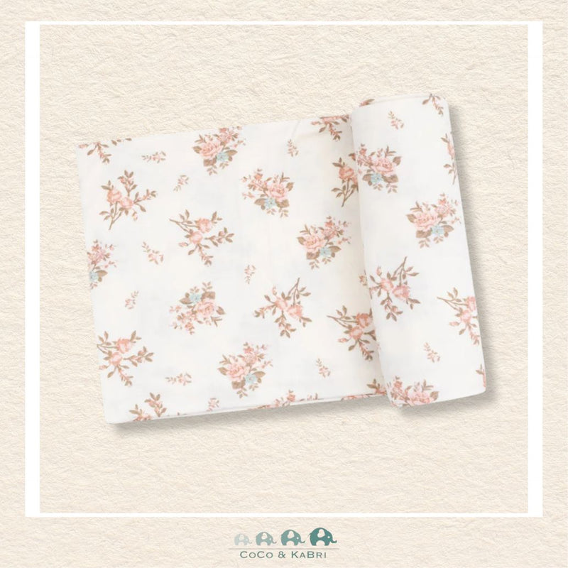 Angel Dear Vintage Rosebud swaddle blanket rolled out showing the generous size and delicate heritage floral artwork | Canada