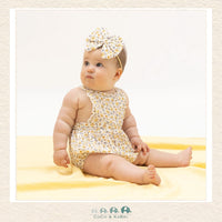 Angel Dear Yellow Country Roses Ruffle Bubble on infant showing the airy organic muslin fit and vintage-inspired prairie style | Canada