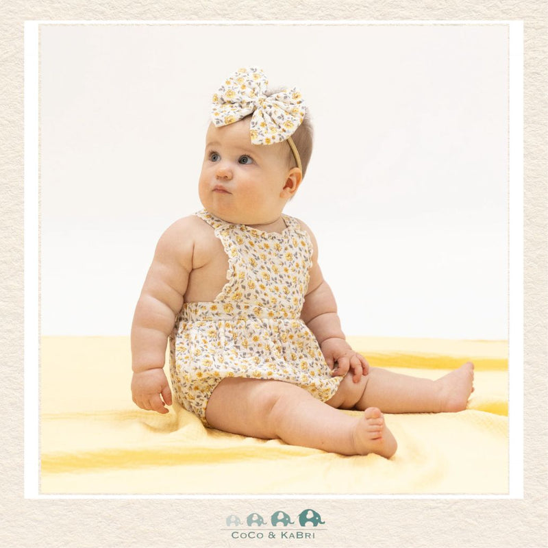 Angel Dear Yellow Country Roses Ruffle Bubble on infant showing the airy organic muslin fit and vintage-inspired prairie style | Canada