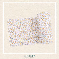 Angel Dear Yellow Country Roses swaddle blanket rolled out showing the generous size and vibrant hand-drawn yellow rose illustrations on soft bamboo | Canada