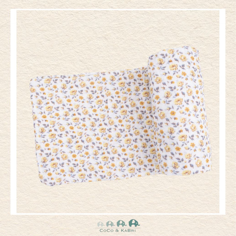 Angel Dear Yellow Country Roses swaddle blanket rolled out showing the generous size and vibrant hand-drawn yellow rose illustrations on soft bamboo | Canada